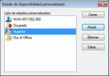 Recuadro de diálogo Estado de disponibilidad personalizado