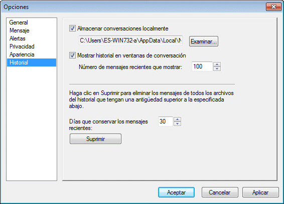 Recuadro de diálogo de opciones del historial
