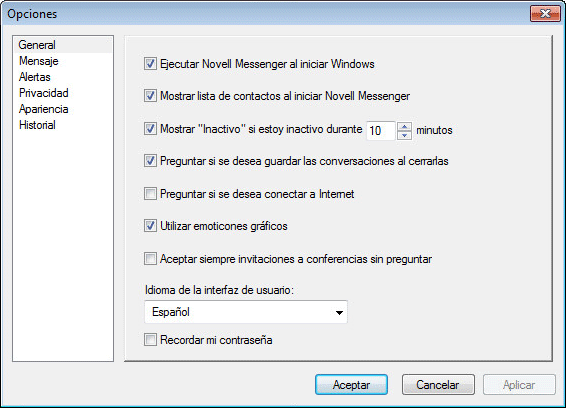 Recuadro de diálogo Opciones con la página General