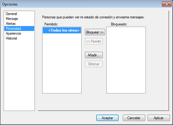 Recuadro de diálogo Opciones con la página Confidencialidad