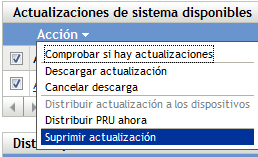 Panel Estado de actualización del sistema con las acciones mostradas, en concreto, la acción Suprimir actualización