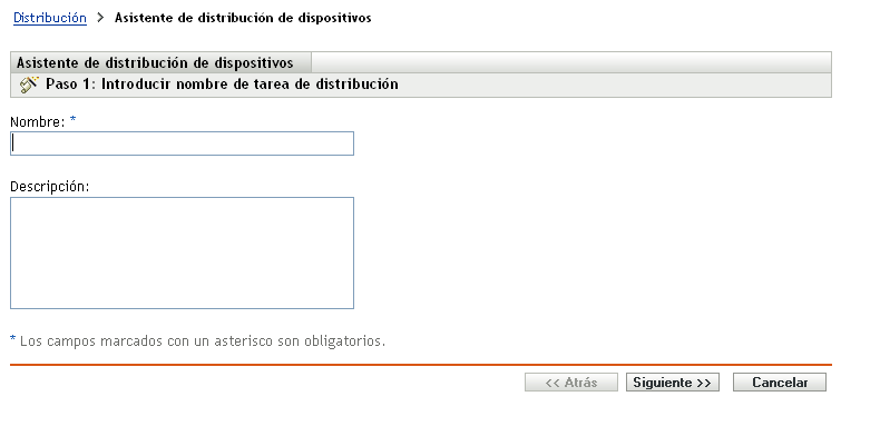 Asistente de distribución de dispositivos > página Introducir nombre de tarea de distribución