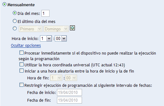 Panel con todas las opciones de distribución mensual