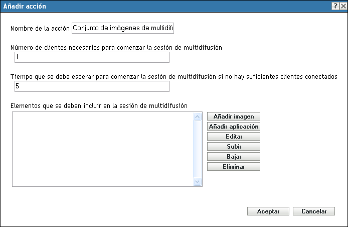 Añadir/Editar acción: Conjunto de imágenes de multidifusión