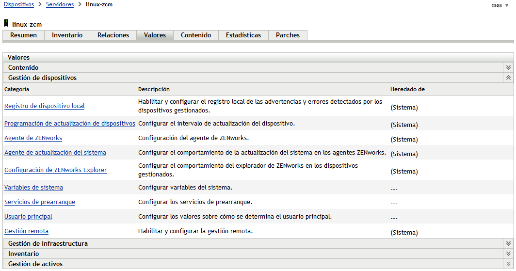  Panel de valores de dispositivo