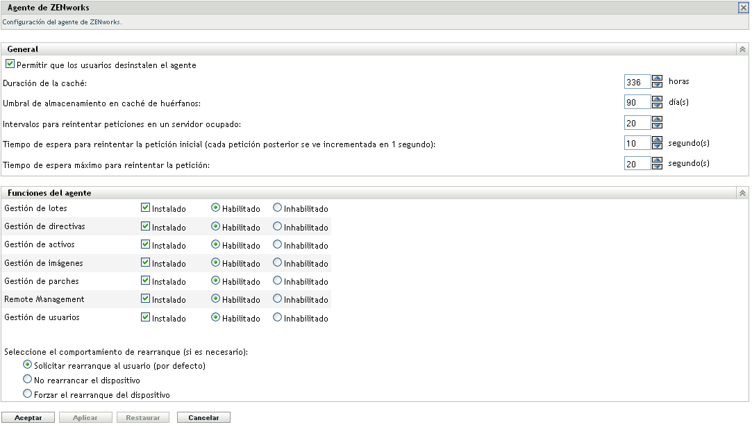 Página Agente de ZENworks > panel Funciones del agente