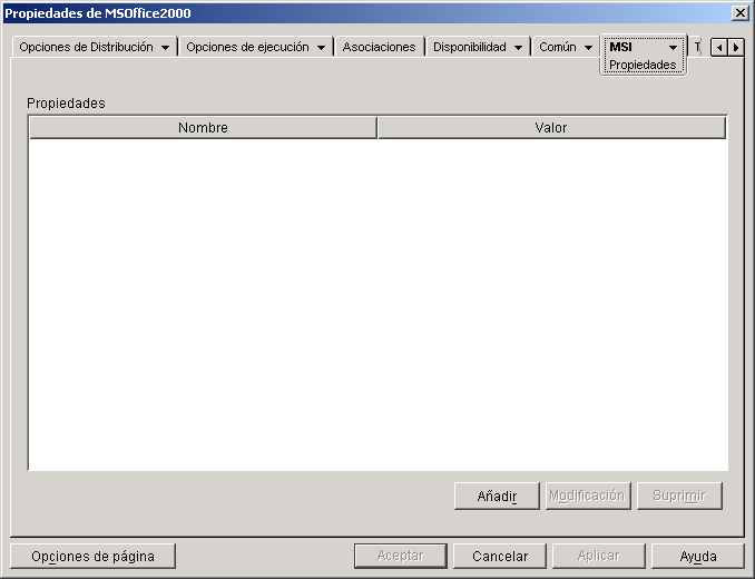 objeto Aplicación > pestaña MSI > página Propiedades