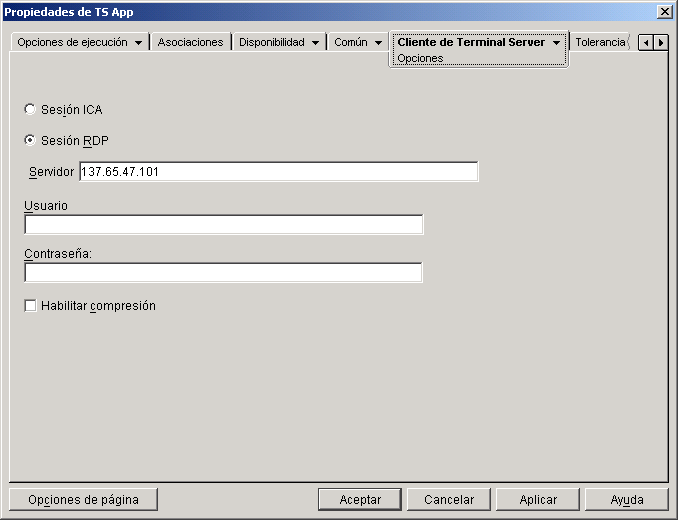 objeto Aplicación > pestaña Cliente de servidor Terminal > página Opciones