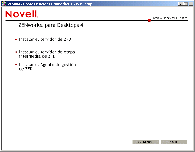 Captura de la subpgina de la instalacin de ZfD que muestra opciones para instalar el servidor de ZfD, el servidor de etapa intermedia de ZfD y el Agente de gestin de ZfD.