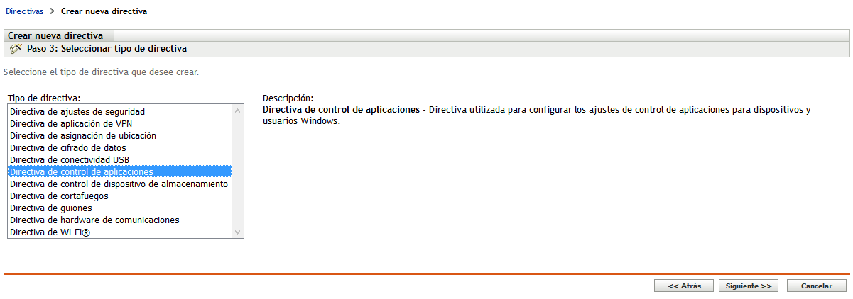 Página Seleccionar tipo de directiva del asistente Crear nueva directiva
