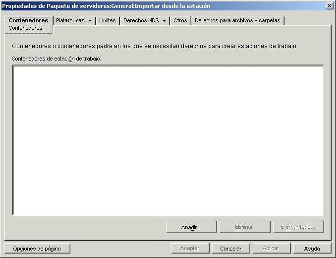 La pgina Contenedores de la directiva de importacin de estaciones de trabajo.
