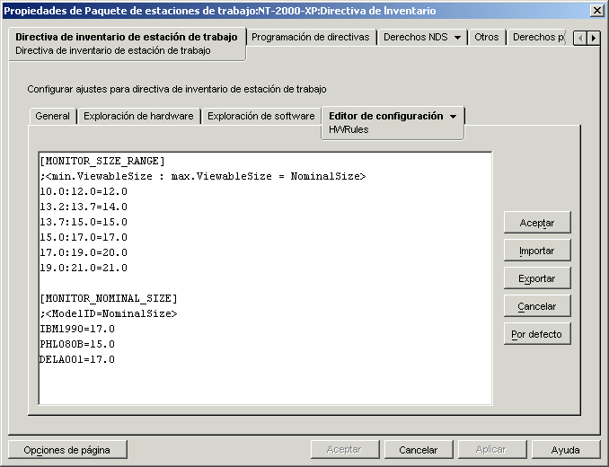 Configuracin del archivo HWRules.ini en el recuadro de dilogo Inventario de la estacin de trabajo