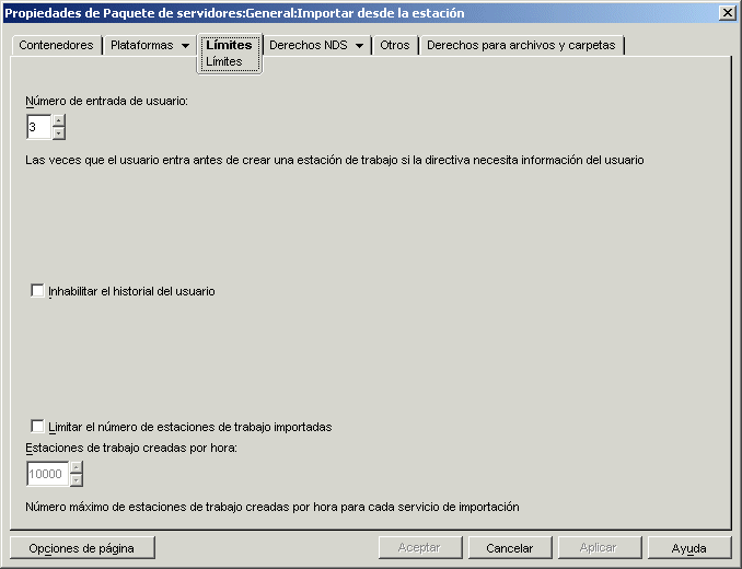 La pgina Lmites de la directiva de importacin de estaciones de trabajo.