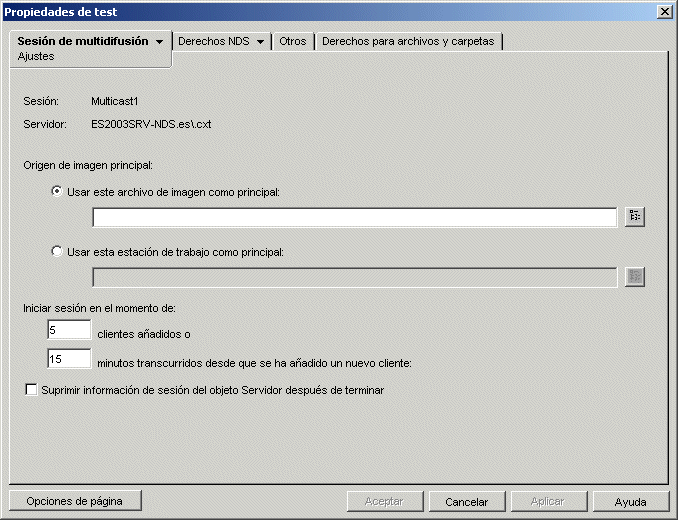 Pgina Ajustes de sesin de multidifusin.