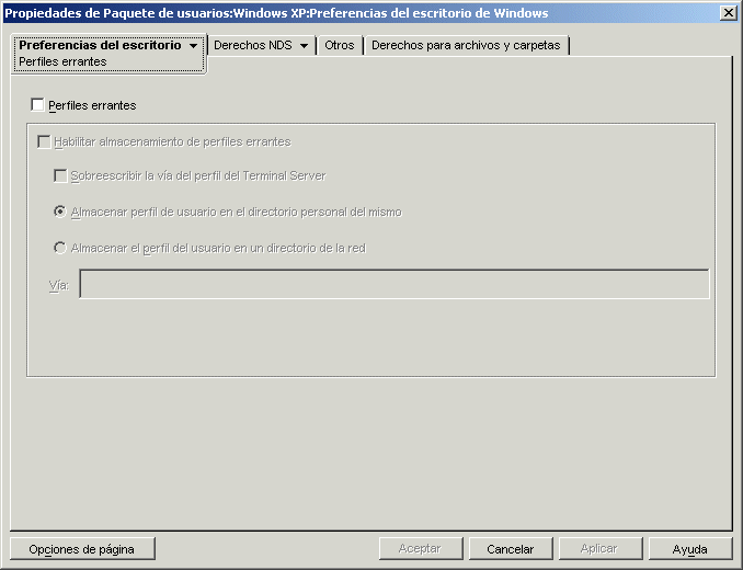 La pgina Perfiles errantes de la directiva de preferencias de escritorio.