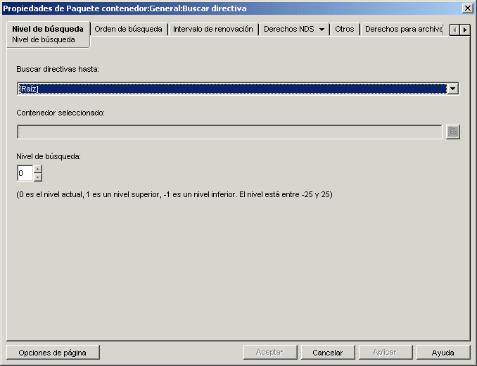 La pgina Nivel de bsqueda de la directiva de bsqueda.