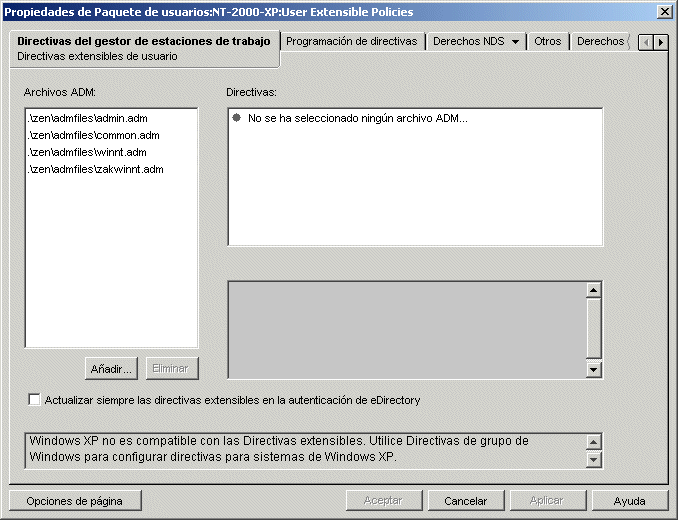 La pgina Directivas extensibles de usuario.