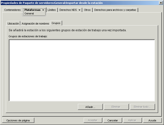 La pgina Grupos de la directiva de importacin de estaciones de trabajo.