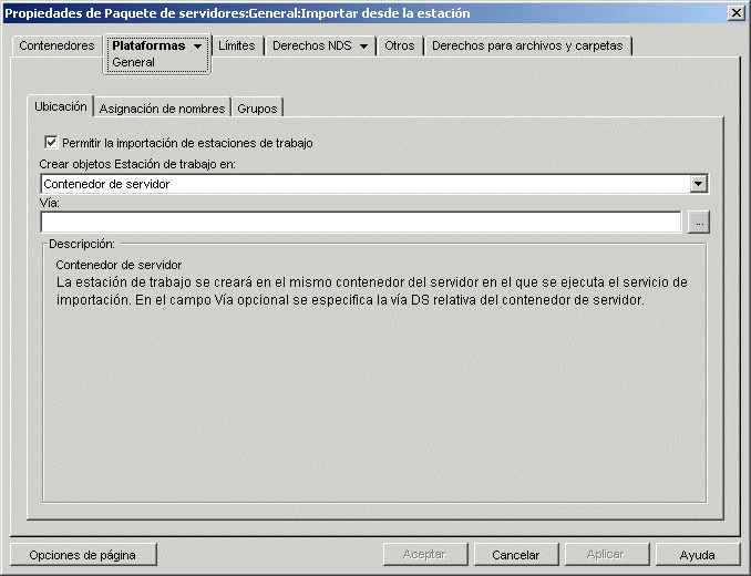 La pgina Ubicacin de la directiva de importacin de estaciones de trabajo.