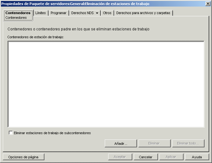 La pgina Contenedores de la directiva de eliminacin de estaciones de trabajo.