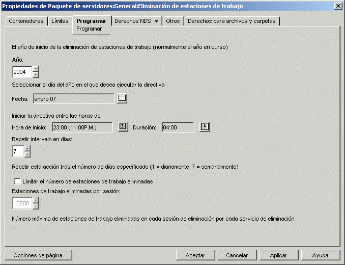 La pgina Programar de la directiva de eliminacin de estaciones de trabajo.