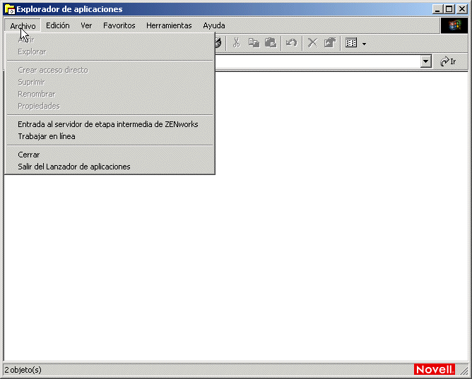 Ventana del Explorador de aplicaciones con la opcin Trabajar en lnea disponible en el men Archivo