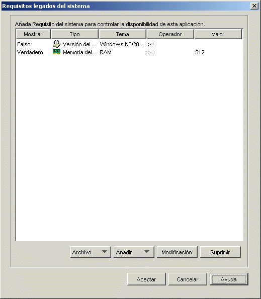 Recuadro de dilogo Requisitos legados del sistema del objeto Aplicacin