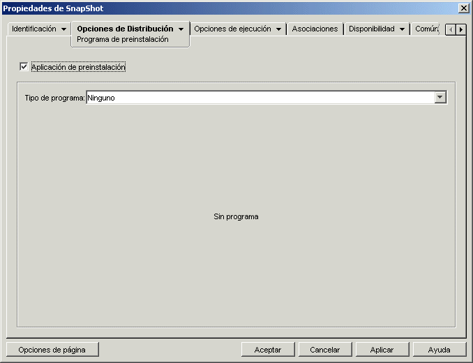 Pgina Programa de preinstalacin del objeto Aplicacin con Tipo de programa establecido en Ninguno