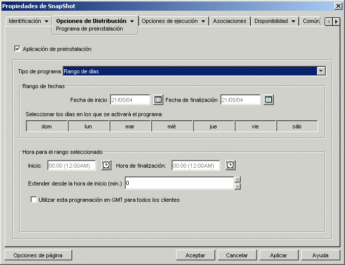 Pgina Preinstalacin del objeto Aplicacin con la opcin Rango de das seleccionada como tipo de programacin