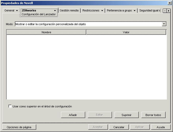 Pgina Configuracin del Lanzador correspondiente a un objeto contenedor
