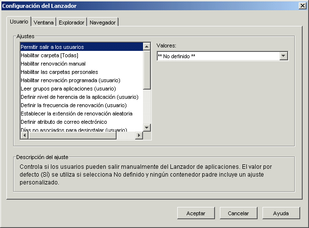 Pgina de ajustes de configuracin del Lanzador con la pestaa Usuario mostrada