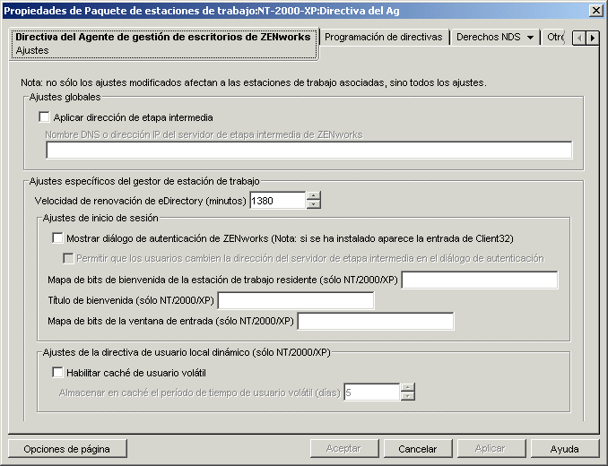 La pgina Ajustes de la directiva del Agente de gestin de escritorios.