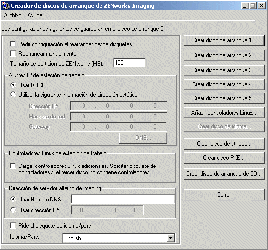 Recuadro de dilogo Creador de discos de arranque de ZENworks Imaging.