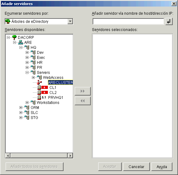 Recuadro de dilogo Aadir servidores con el objeto Clster visible en la estructura del rbol