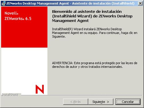 Pgina de introduccin del asistente de instalacin del Agente de gestin de escritorios de ZENworks.
