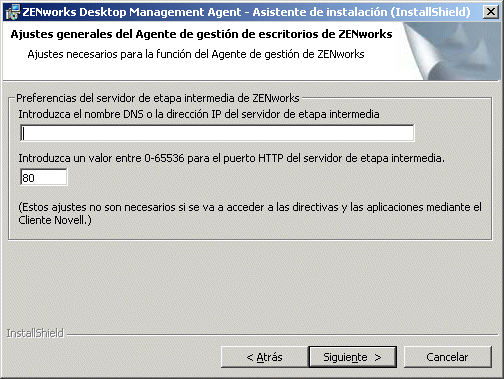 Pgina Ajustes generales del asistente de instalacin del Agente de gestin de ZENworks.