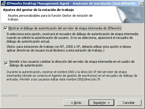 Pgina Ajustes del gestor de la estacin de trabajo del asistente de instalacin del Agente de gestin de escritorios.