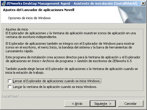 Pgina Ajustes del Lanzador de aplicaciones Novell/Opciones de inicio de Windows del asistente de instalacin del Agente de gestin de escritorios de ZENworks.