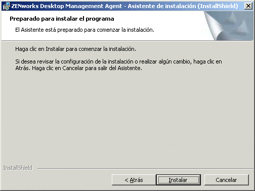Pgina Preparado para instalar el programa del asistente de instalacin del Agente de gestin de escritorios de ZENworks.