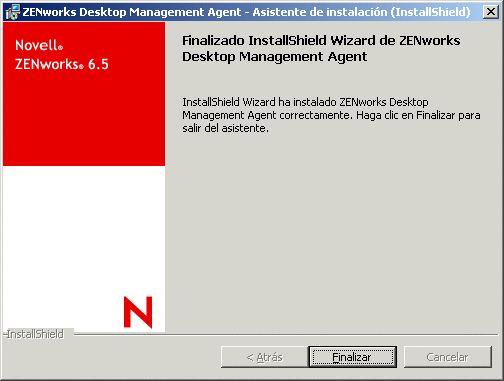 Pgina Conclusin del asistente InstallShield de instalacin (InstallShield) del Agente de gestin de escritorios de ZENworks.