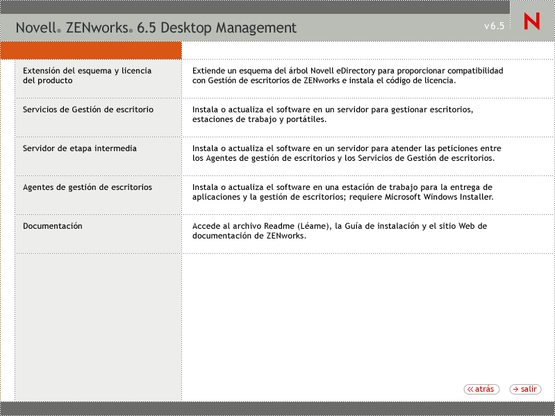 Men de instalacin de Gestin de escritorios de ZENworks 6.5