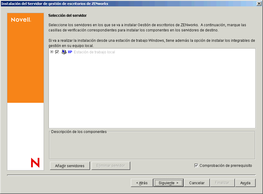 Pgina Seleccin del servidor del asistente de instalacin del Servidor de gestin de escritorios de ZENworks.