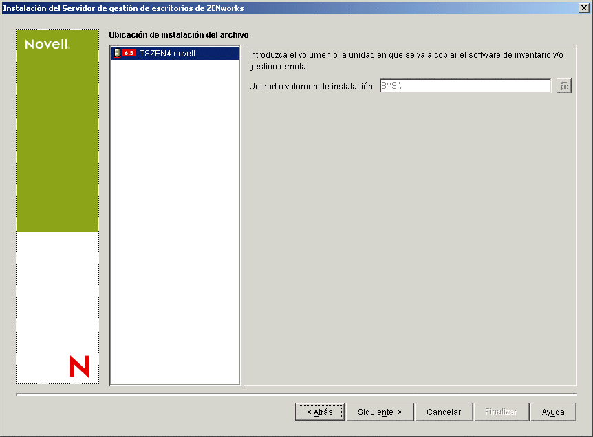 Pgina Ubicacin de instalacin del archivo del asistente de instalacin del Servidor de gestin de escritorios de ZENworks.