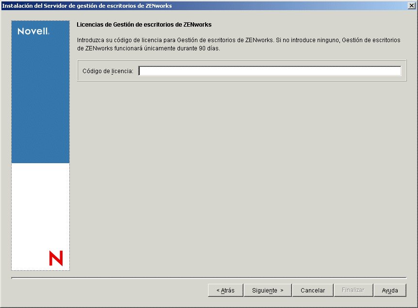 Pgina Licencias de Gestin de escritorios de ZENworks del asistente de instalacin del Servidor de gestin de escritorios.