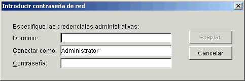 Dilogo de autenticacin que aparece despus de hacer clic en Buscar rbol no enumerado, opcin disponible en el modo de Microsoft Active Directory de aadir servidores para la instalacin del servidor de etapa intermedia.