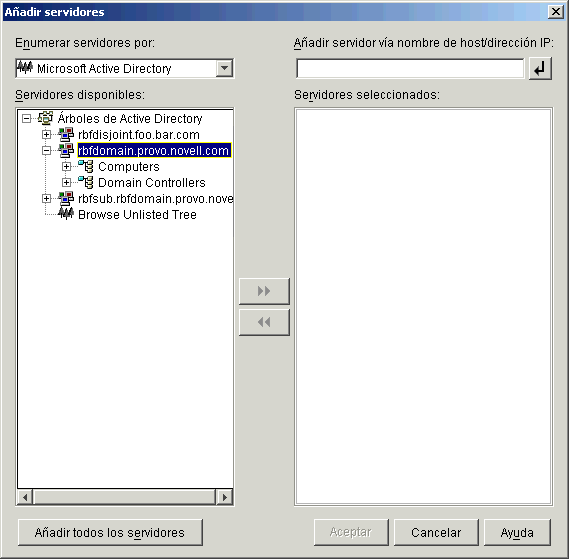 Recuadro de dilogo Aadir servidores llamado desde la pgina Seleccin del servidor del asistente de instalacin del servidor de etapa intermedia de ZENworks. El recuadro de dilogo muestra la opcin Active Directory en la lista desplegable Enumerar servidores por.