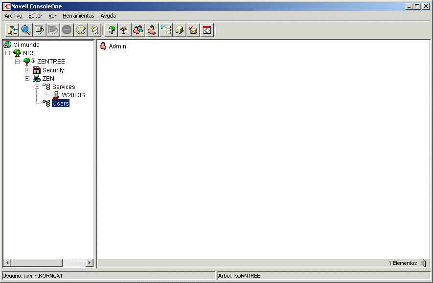 ConsoleOne est abierto mostrando el objeto ZENTREE, el objeto Usuario Admin y el objeto Servidor.