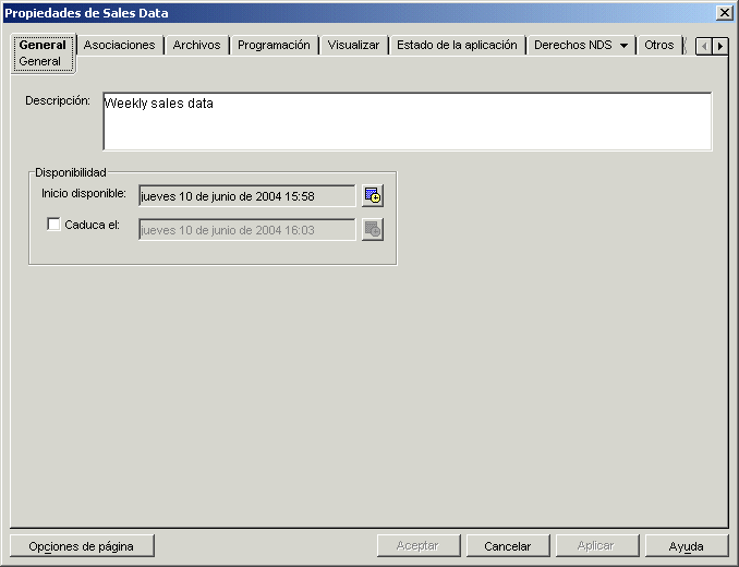 Página de propiedades del objeto Aplicación