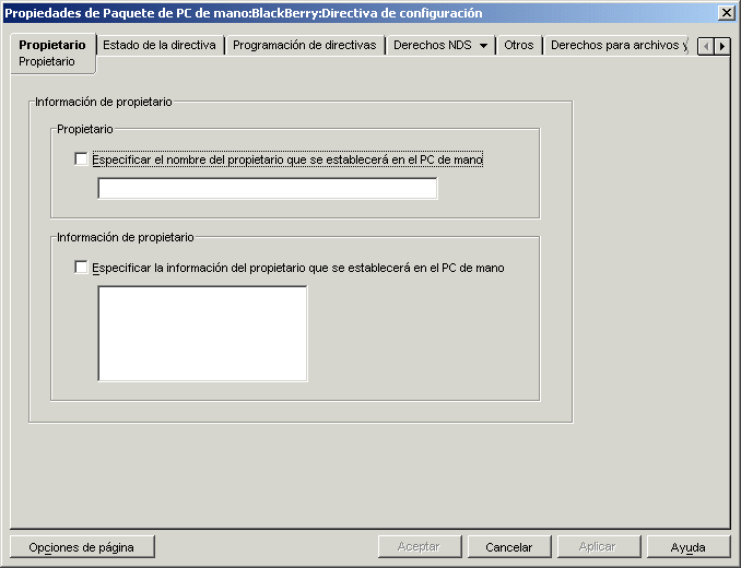 Pgina Propietario de la directiva de configuracin BlackBerry