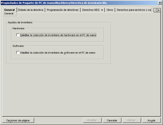 Pgina General de la directiva de inventario BlackBerry